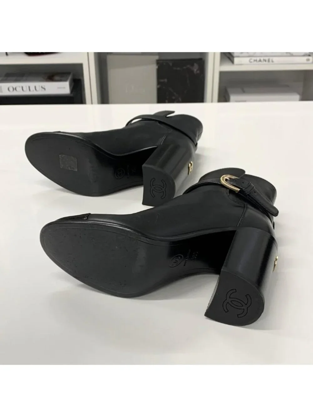 Chanel CC Logo Belt Leather Patent Short Boots Black
